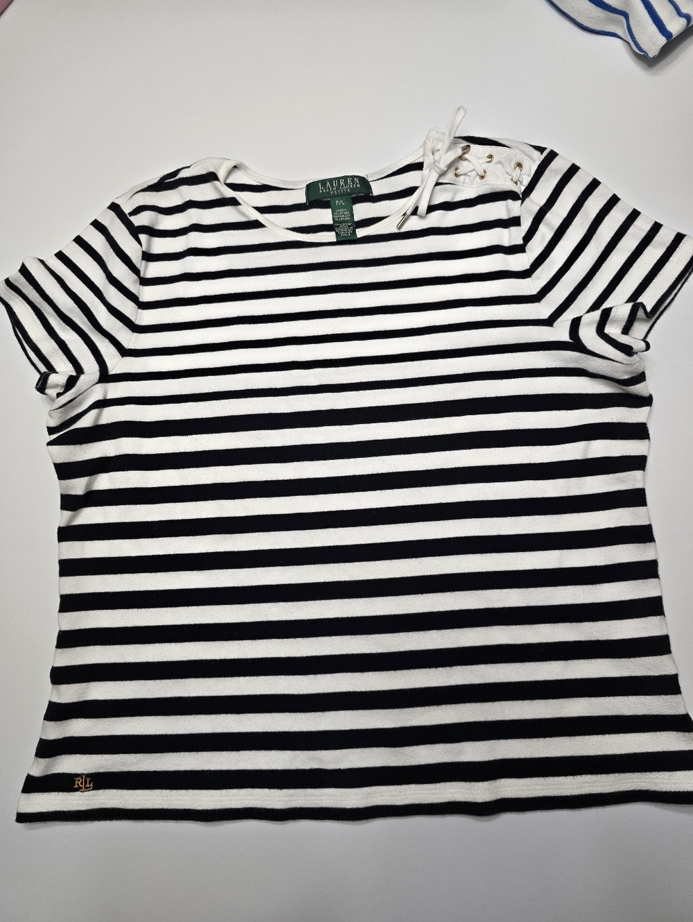 Lauren Ralph Lauren Striped Black & White Short Sleeve Petite Large Top
